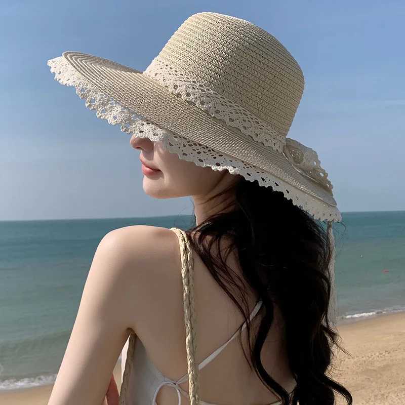 Summer Womens Sun Hat with Lace Brim and Bow Decoration Wide Brim Woven Design UV Protection Polyester Shade HatXJ250304