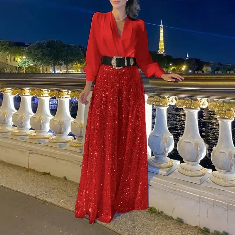 Womens Jumpsuit Fashion V-neck Long Sleeved Shirt with Elegant Temperament Slim Waist and Sequin Wide Leg Pants Autumn 250303