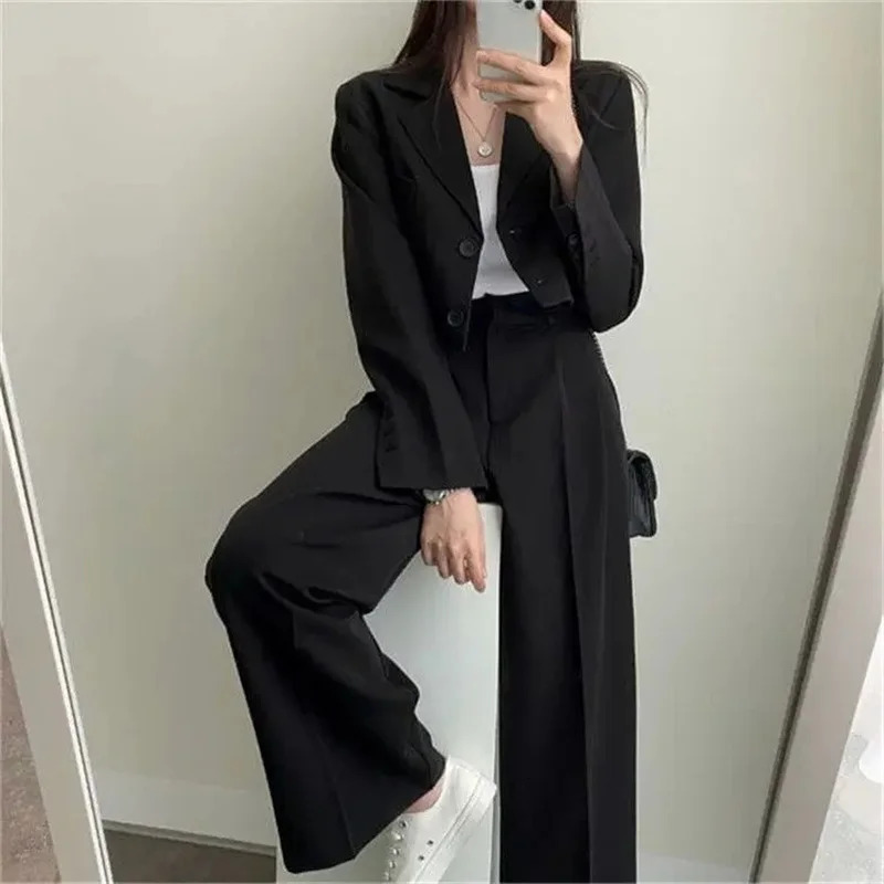 Summer Short Top Jacket Wide Leg Pants Two Piece Elegant Womens Office Casual Set 250225