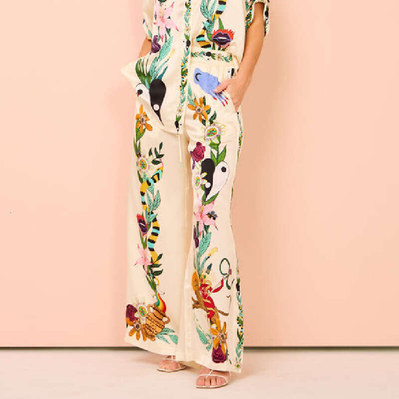 European and American Graffiti Printed Satin Short Sleeve Collar Shirt+Long Pants Casual Two Piece Set 2025 Versatile New Trendy Clothing Ins