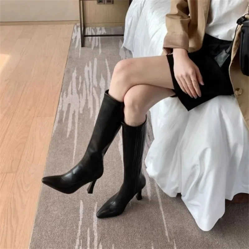 2025 Winter Wen Long Boots Fion Thin High Heel Knee High Booties Ladies Black Brown Sexy Wan Knight Boats Botas De Mujer Z250304