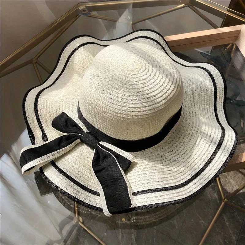 Big Brim Wave Black Edge Bow Solid Bucket Hat Str C Womens Beach Hat Seaside Sunshine C Cover Travel Holiday Sun HatXJ250304