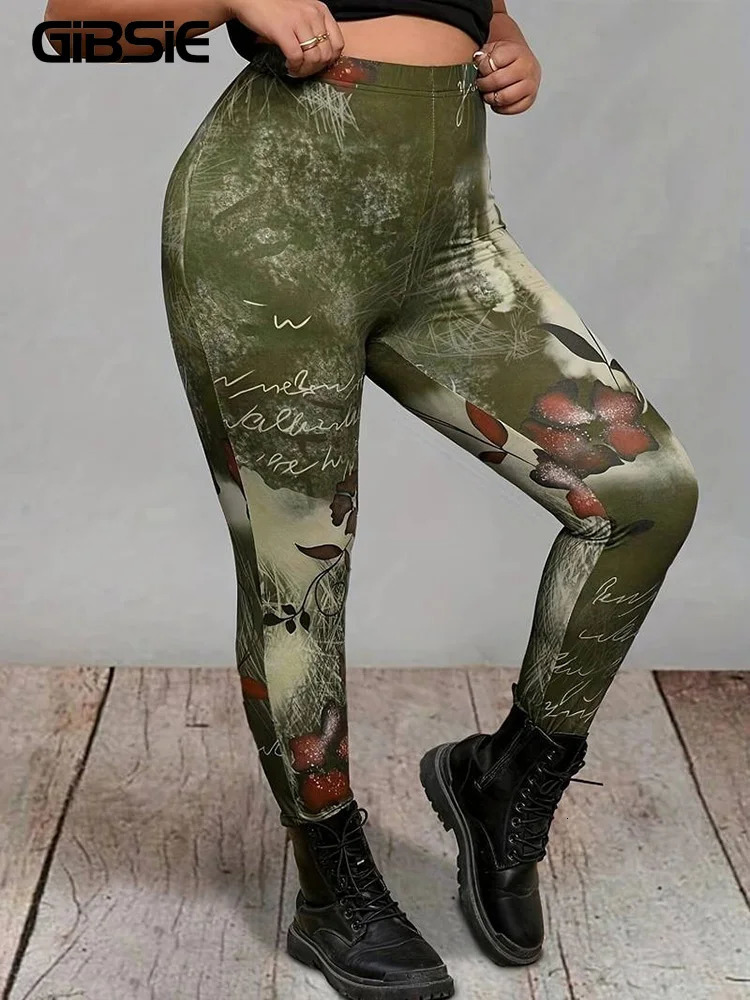 GIBSIE Plus Size Fashion HighStreet Printed Legging Sports Casual Slim Highwaisted Skinny Pencil Leggings Female 250304