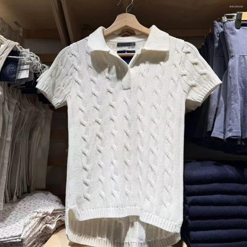 Women's Polos Twist Knitted Spring Clothes 2025 Turn Down Collar Short Sleeve Tees Girls Vintage Casual T-shirt Sweet Y2k