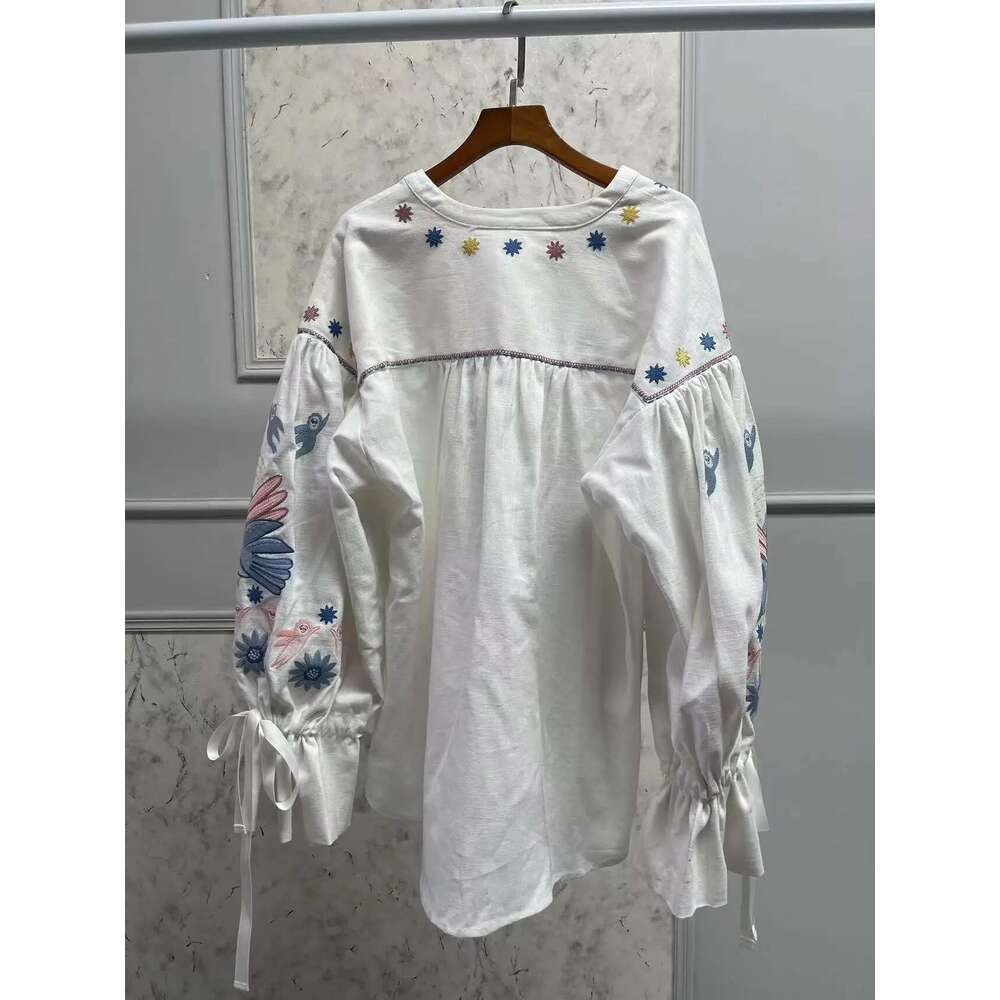 Women 100% En Casual Blouse Early Autumn Single Breasted Lace-Up O-Neck Lantern Sleeve Ladies Embroidery White Shirt Top