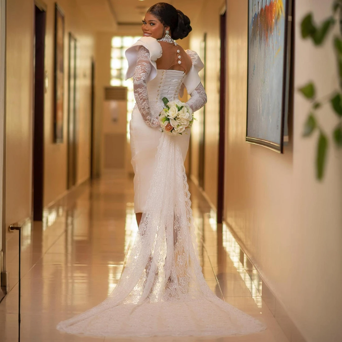 2025 Sheath Tea-Length Wedding Dress With Lace Trains Long Sleeves High Collar Pearls Beaded Civil Bridal Gowns Back Lace-Up
