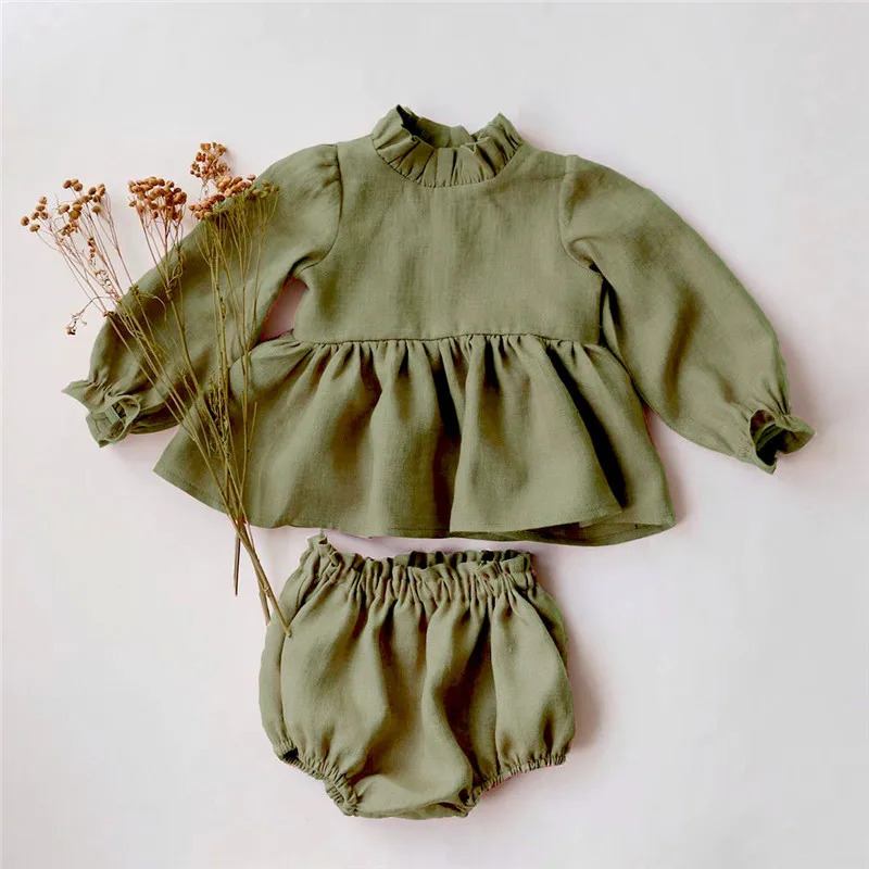 Nowborn Baby Clothes Sets Spring Baby Girl Blouse Shorts Linen Cotton Girls Clothing Long Sleeve Tops 2pcs Toddler Girls Suit 250304