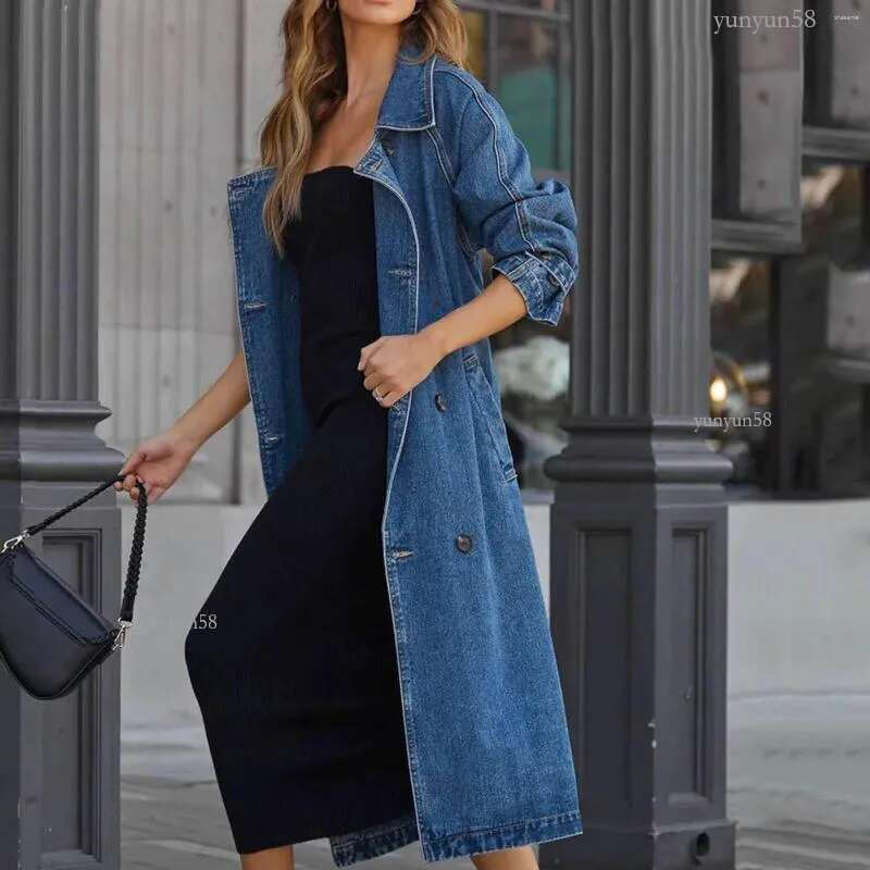 Women's Trench Coats Jean Jacket Vintage Long Coat Loose Fit Double Breasted Denim Korean