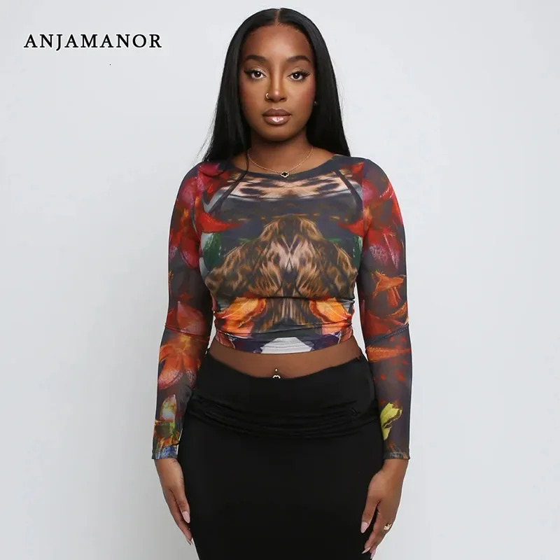 ANJAMANOR Fashion Vintage Print Mesh Shirt Long Sleeve Top Women Clothing Sexy Transparent Cropped Tees D85-AG10 250303