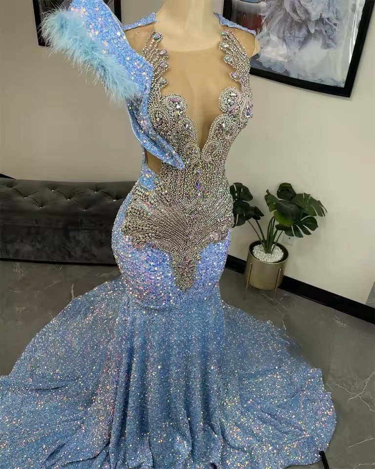 Customized Light Blue Sequins Mermaid Prom Party Dresses For Black Girl 2025 Formal Evening Birthday Ocn Gowns Vestidos