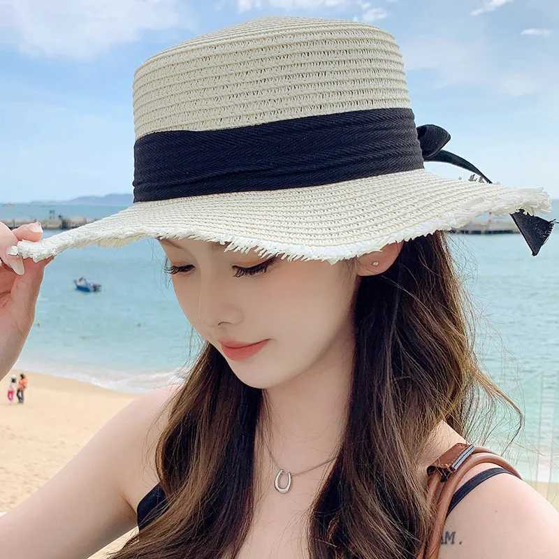 Korean Bow Str Hat for Women Outdoor Beach Wide Brim Sun Visor C Summer Vacation Sunshade Female Panama HatsXJ250304
