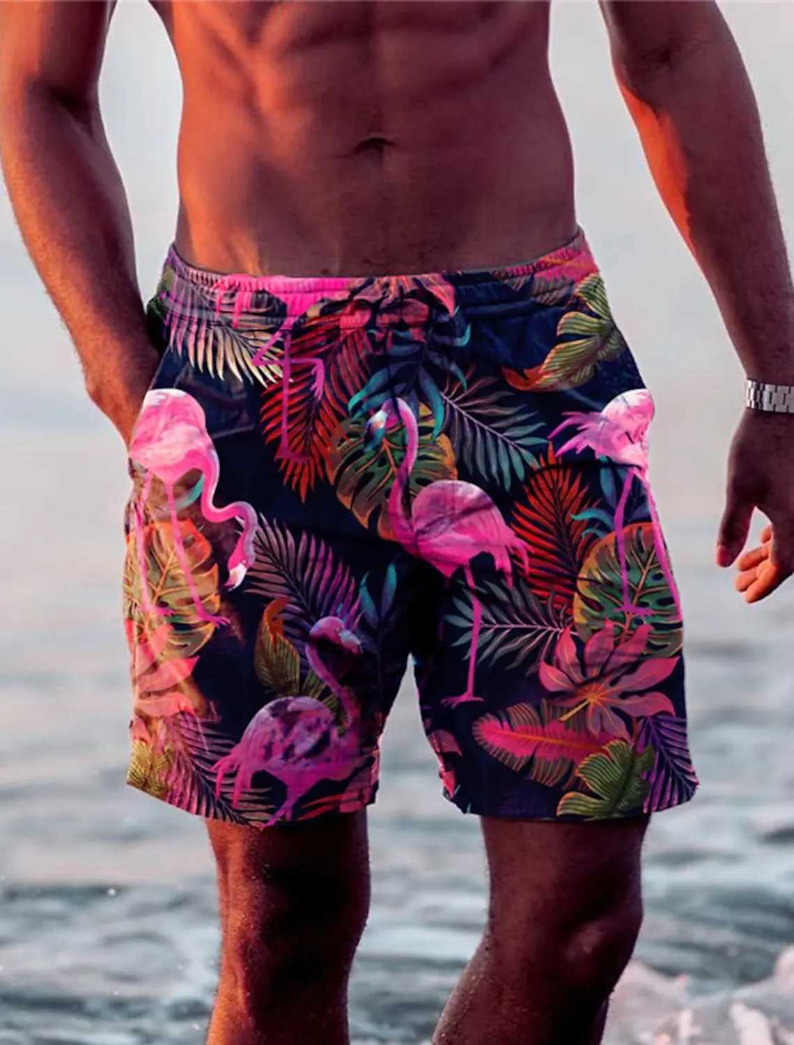New Mens Shorts Swim Trunks Drawstring Leaf Flamingo Graphics Quick Dry Short Casual Holiday Hawaiian Micro-elasticT250304