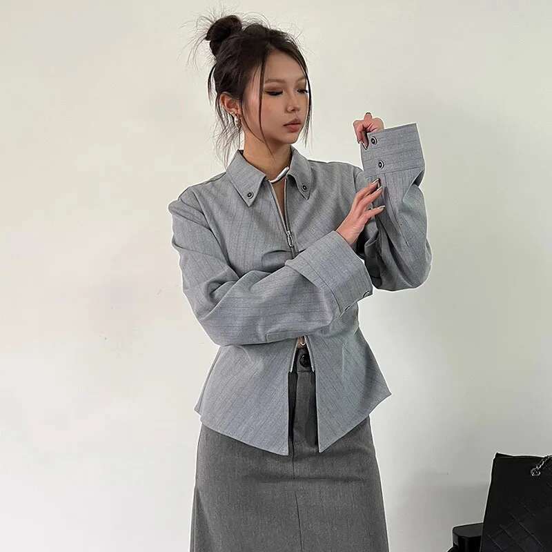 Fashion Black Striped Folds Shirt Women's Lapel Slim Double Zipper Long Sleeve Gray Short Irregular Blouse New Tide