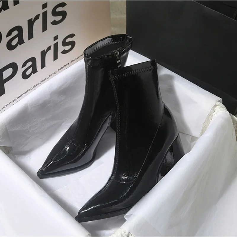 Winter Patent Leather Wen Ankle Boots Fion Pointed Toe Short Booties Square High H Party Pumps Shoes Z250304