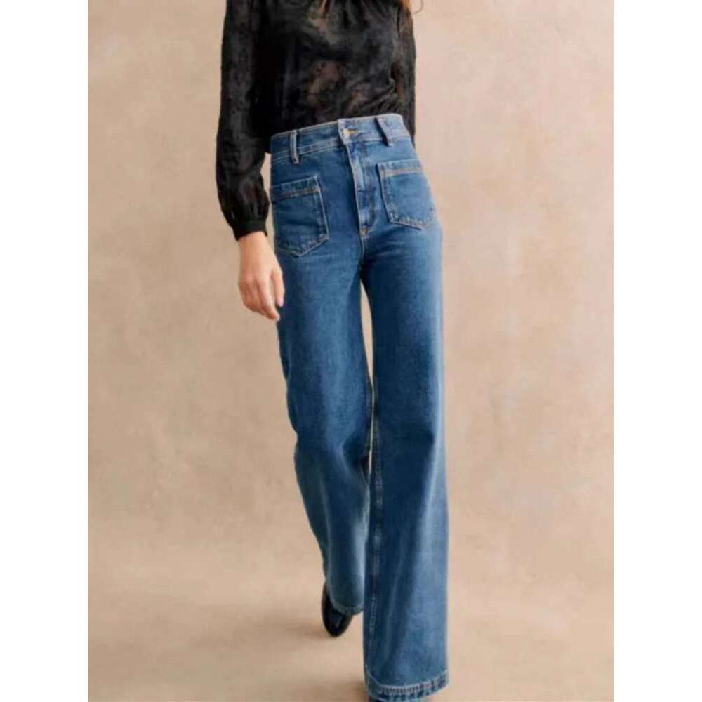 Women Wide Leg Jeans Pockets Design Casual Female High Waist 3 Colors Denim Long Pants Spring Summer