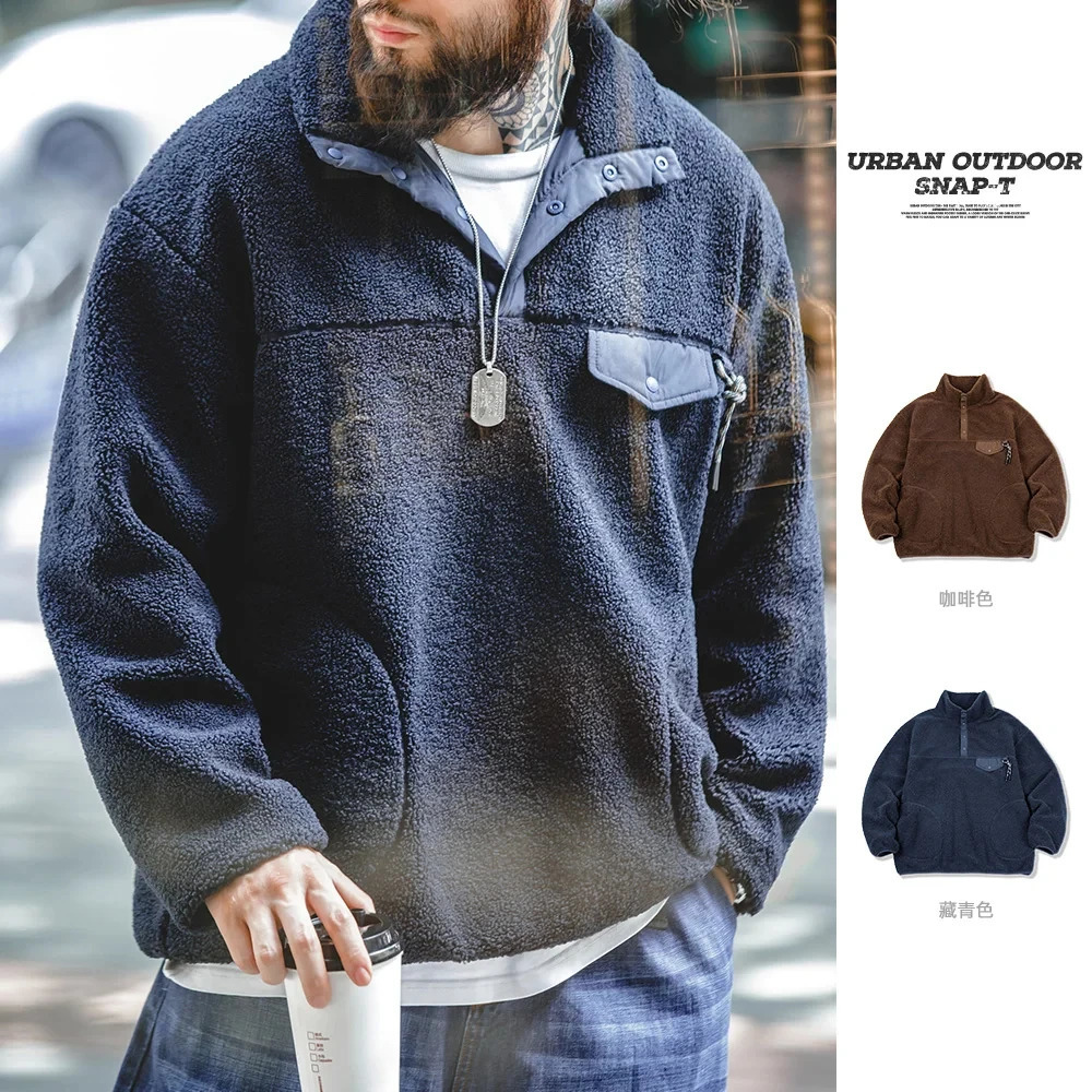 Maden Casual Halfbreasted Fleece Hoodies for Men Standup Collar Solid Color Sweatshirt Autumn Urban Outdoor Warm Pullover 250304