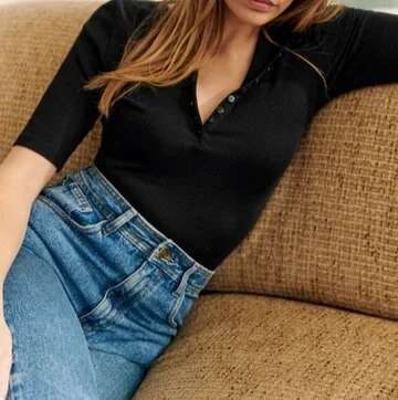 Summer Women Basic Single-Breasted Henley All-Match Half-Open Collar Short-Sleeved Slim-Fit T-Shirt