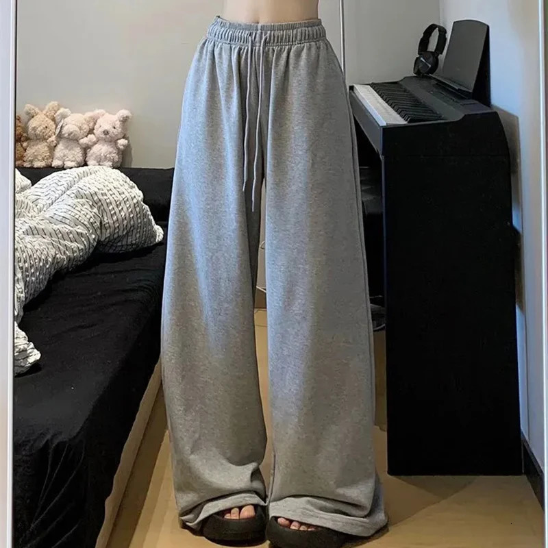R Harajuku Wide Leg Sweatpants for Women Elastic Waist Casual Sport Pants Woman Streetwear Gray Oversize Sportswear Female 250303