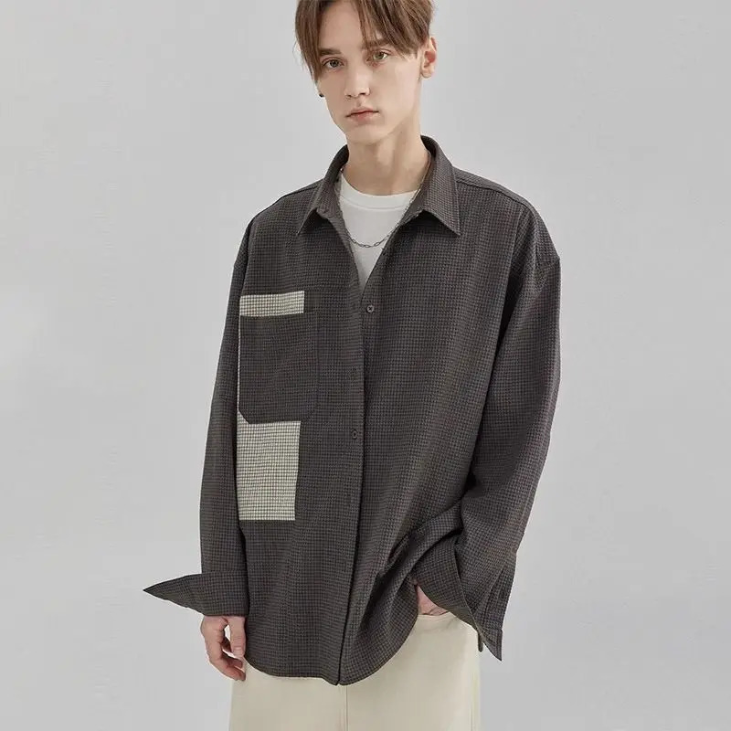 Mens clothing fashion retro plain patch work casual button up shirt Spring and Autumn mens long sleeved lapel loose top 250227