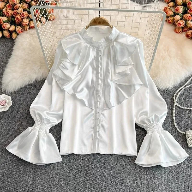Vintage Solid Blouses Women Elegant Acetate Satin Stand Collar Flare Sleeve Chic Sweet Loose Ruffles Female Mujer 250303