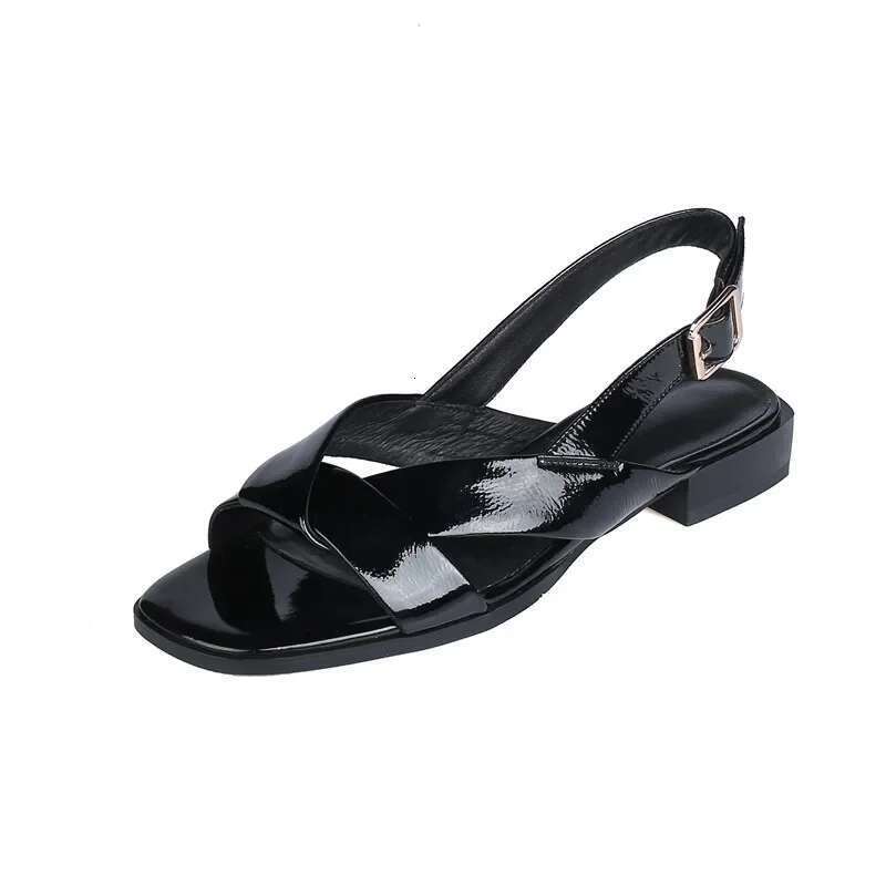 Genuine 2025 New Leather Women Low Heel Square Toe Casual Shoes Summer Comfortable Ladies Sandals Black Beige Size 35-42