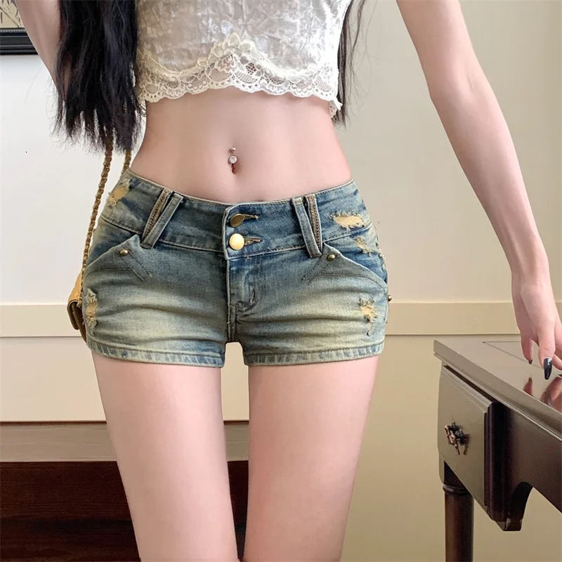 Ezgaga Denim Shirts Women Sexy Bowknot Embroidery Distresses Frayed Vintage Hole Shorts Slim Wrap Hip Summer Streetwear 250303