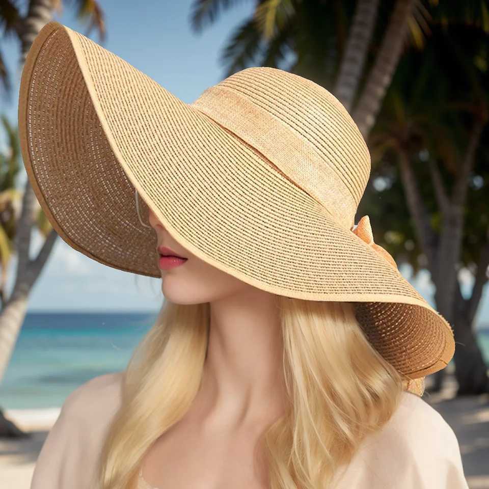 Summer Beach Vacation Big Hat Brim Beach Sunscreen Hat For Women Fashionable and Versatile Bow Ribbon Str HatXJ250304