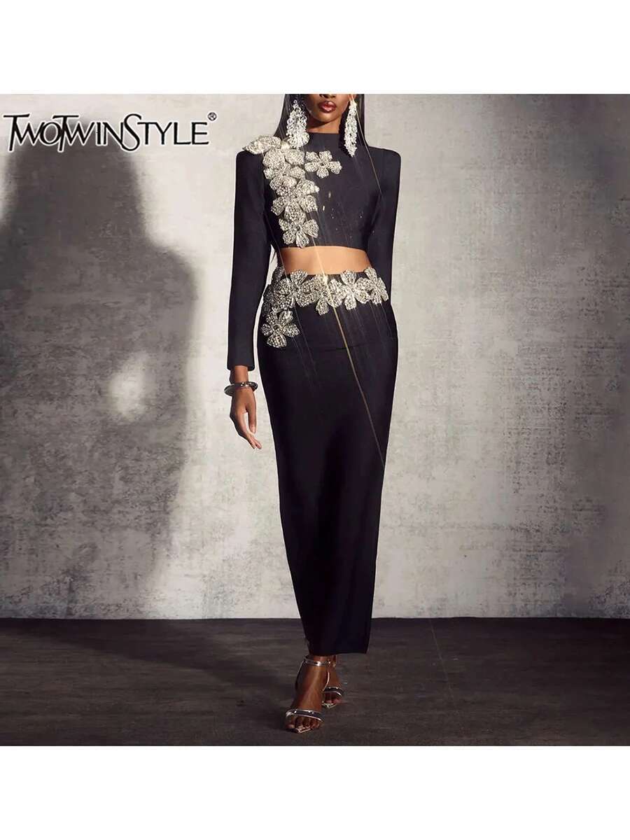 TWOTWINSTYLE Solid Spliced Dias Two Piece Set For Women O Neck Long Sleeve Top High Waist Slim Skirt Sets Female Fashion New