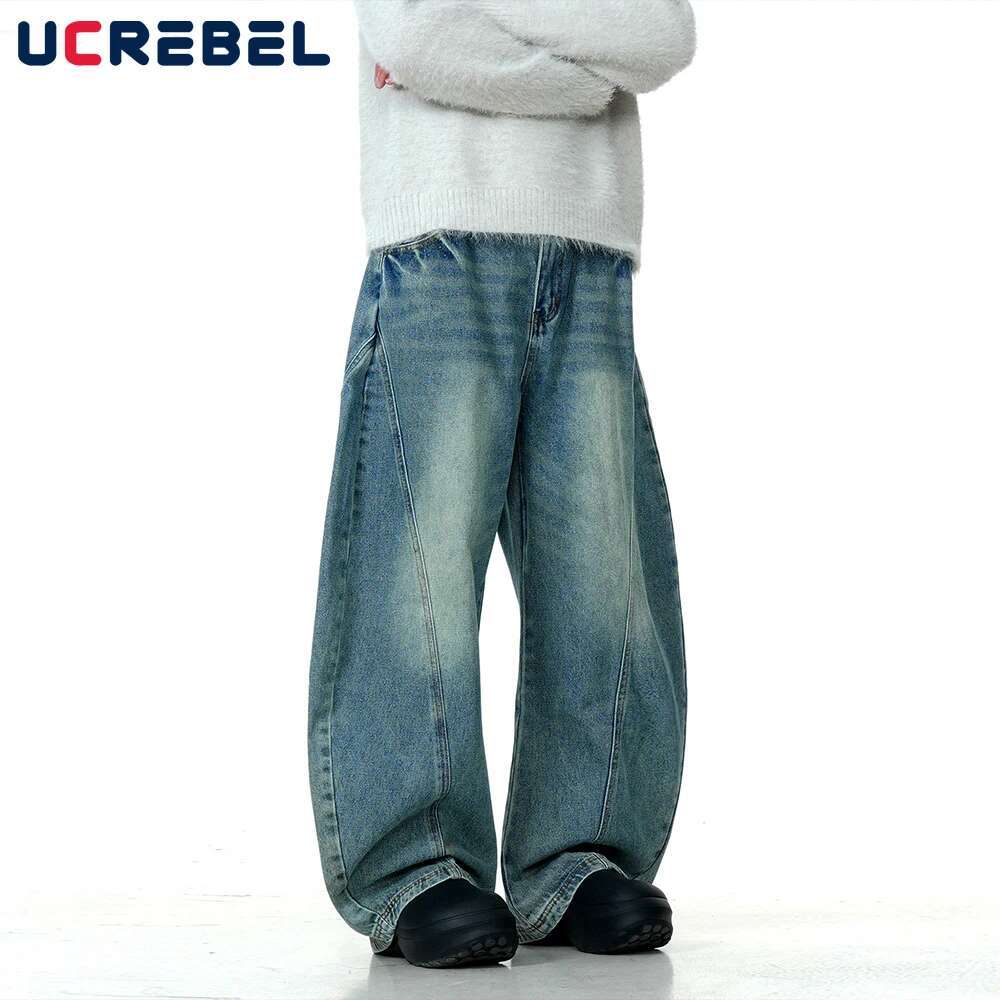 Spliced Washed Distressed Jeans Mens Retro High Street Loose Wide-Leg Denim Pants Men Trousers