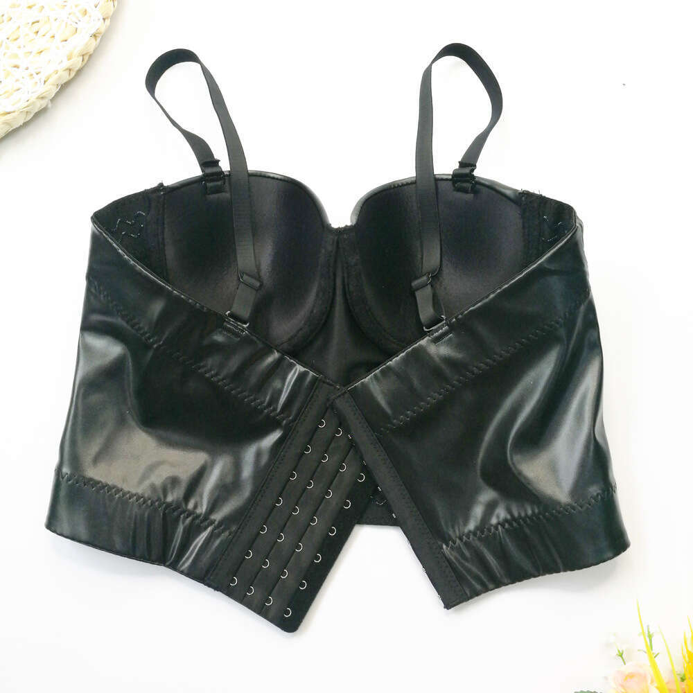 Spicy Girl Leather Bra Imitation Sheepskin Suspended Tank with No Bra, Sexy Beauty Gathering Fishbone Top