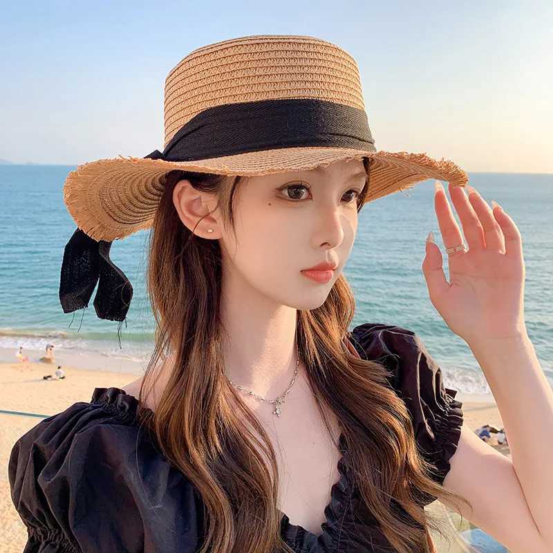 Korean Bow Str Hat for Women Outdoor Beach Wide Brim Sun Visor C Summer Vacation Sunshade Female Panama HatsXJ250304