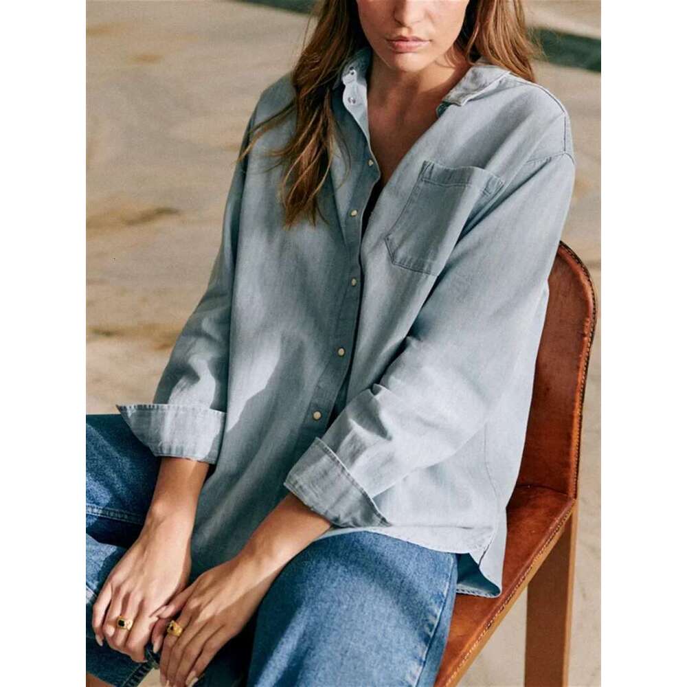 Women Long-Sleeved Cotton Denim Shirt Turn-Down Collar Single-Breasted Ladies Loose Casual Blouse Autumn New