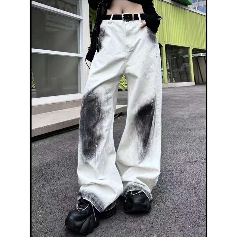 High Waist Women White Jeans Hip-Hop Style Fashion Vintage Streetwear Y2k Wide Leg Graffiti Plus Size Trouser Baggy Denim Pants