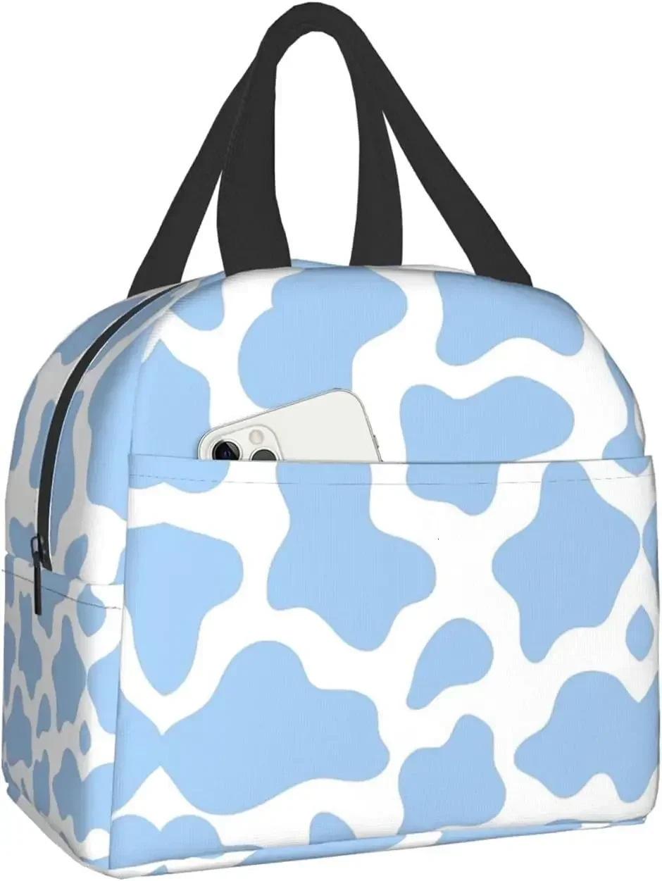 Light Blue Cow Animal Lunch Bag for Travel Work Picnic Bento Cooler Reusable Tote Lunch Boxes Insulated Container Shopping Bags 250228