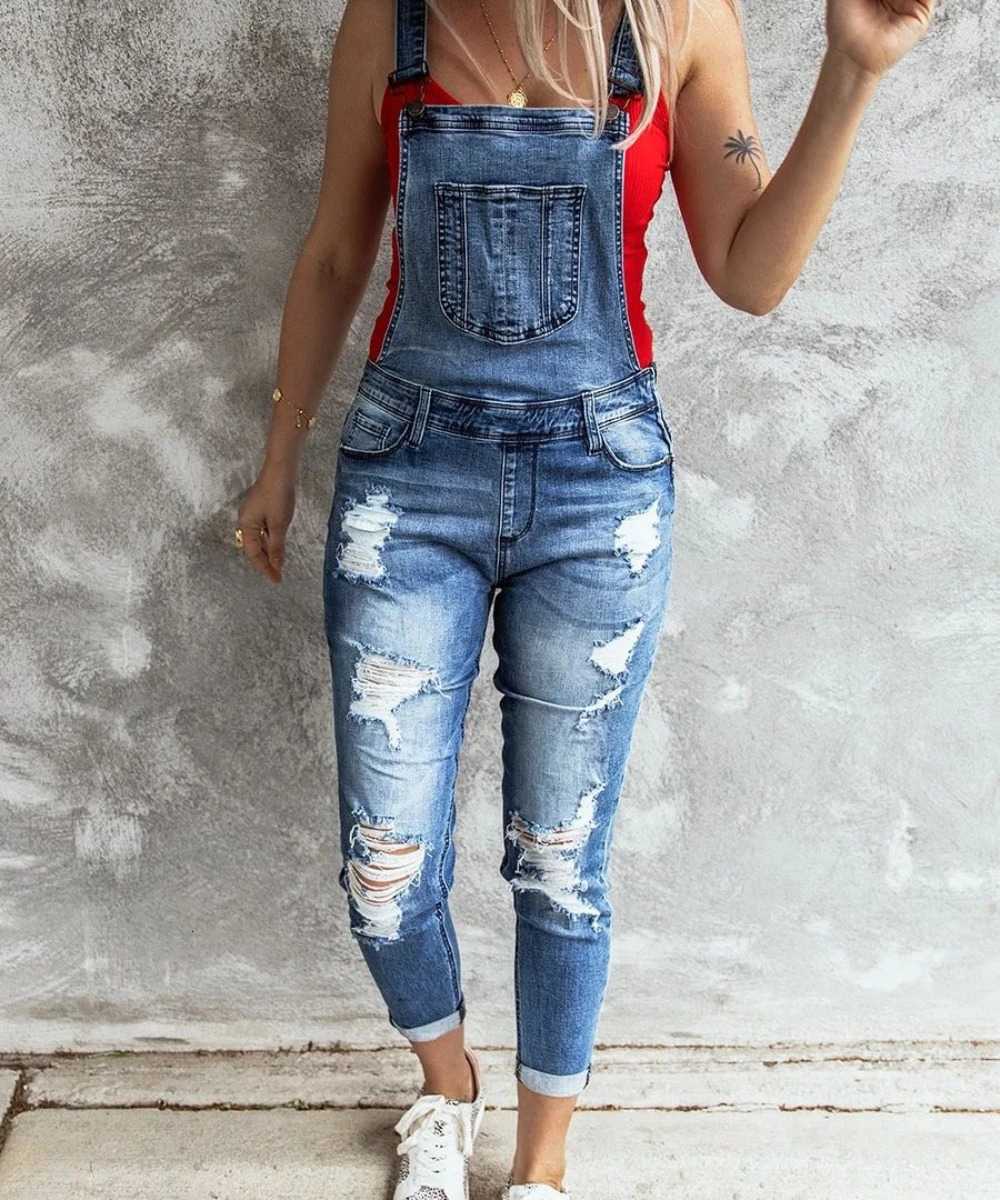 Denim Overalls Women Ripped Jeans Lady Jumpsuit Elastic Denim One Piece Pants Suspender Trousers Female Rompers Streetwear 250303