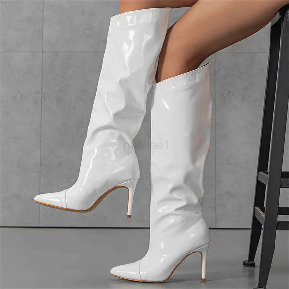 2025 In Stock for Dropship Black Red White Wide Leg Knee High Boots Wen 2024 Big Size 42 Pointy Toe Sexy Thin High H Shoes Z250304