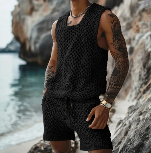 2025 Fashion SpringSummer Leisure Vertical Stripe Set Turndown Collar Fitted Short Sleeve Button Shirt Wool Blend Shorts 250227