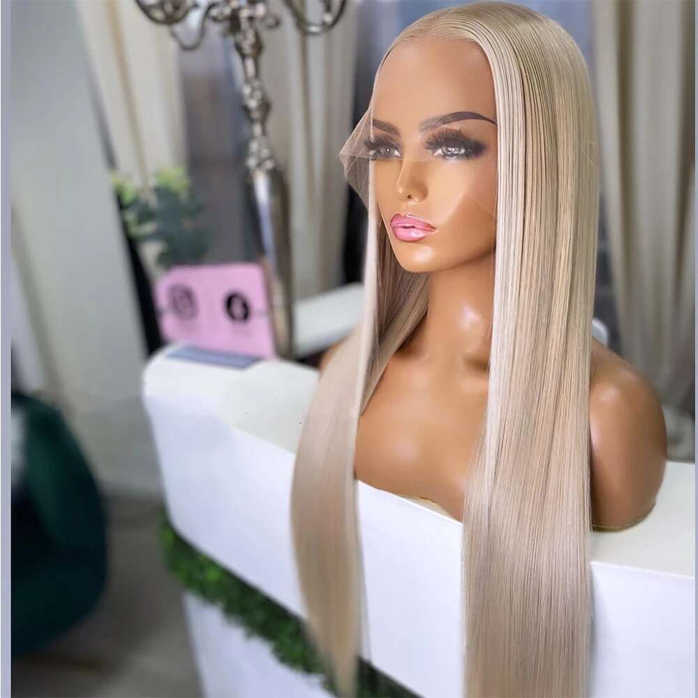 30 Inch Silky Straight Ash Blonde Highlight Wig Human Hair Blended Synthetic Wigs For Women Heat Resistant Fiber Cosply