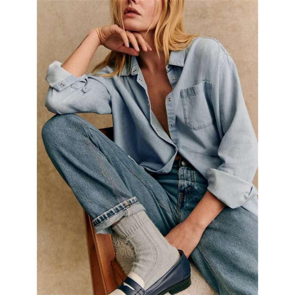 Women Long-Sleeved Cotton Denim Shirt Turn-Down Collar Single-Breasted Ladies Loose Casual Blouse Autumn New