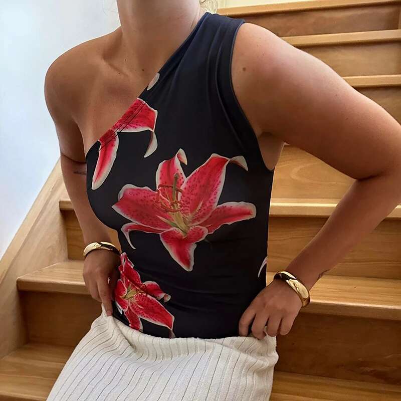 Print CUTENOVA ral Fitted Tops Women Resort Wear Graphic Tees Summer 2025 Casual One Shoulder Slash Backless Tank Top