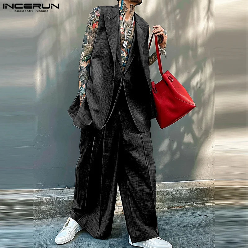 INCERUN Men Blazer Suit Notch Collar Sleeveless One Button Double Layer Blazer Vest And Solid Color Long Pants 2Pcs Pantsuit 250303