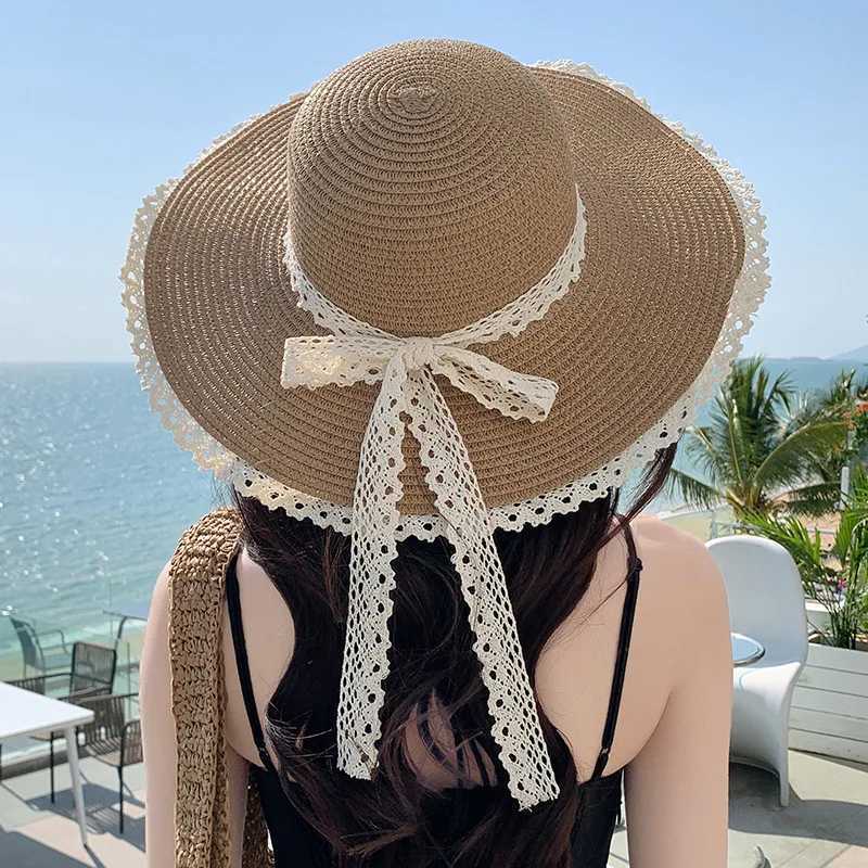 Summer Womens Sun Hat with Lace Brim and Bow Decoration Wide Brim Woven Design UV Protection Polyester Shade HatXJ250304