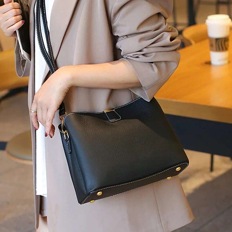Burminsa Cowhide Genuine Leather Bucket Small Shoulder Crossbody For Women 2025 Designer Wide Strap Tote Ladies Handbags
