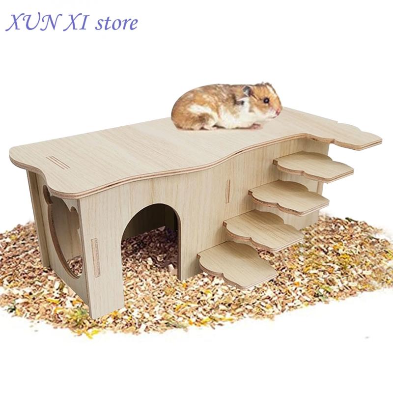 New Hamster Wooden Hideout Dwarf Hamster Hut with for Windows Small Animal Detachable House Habitat Decor for Hosehold Pets