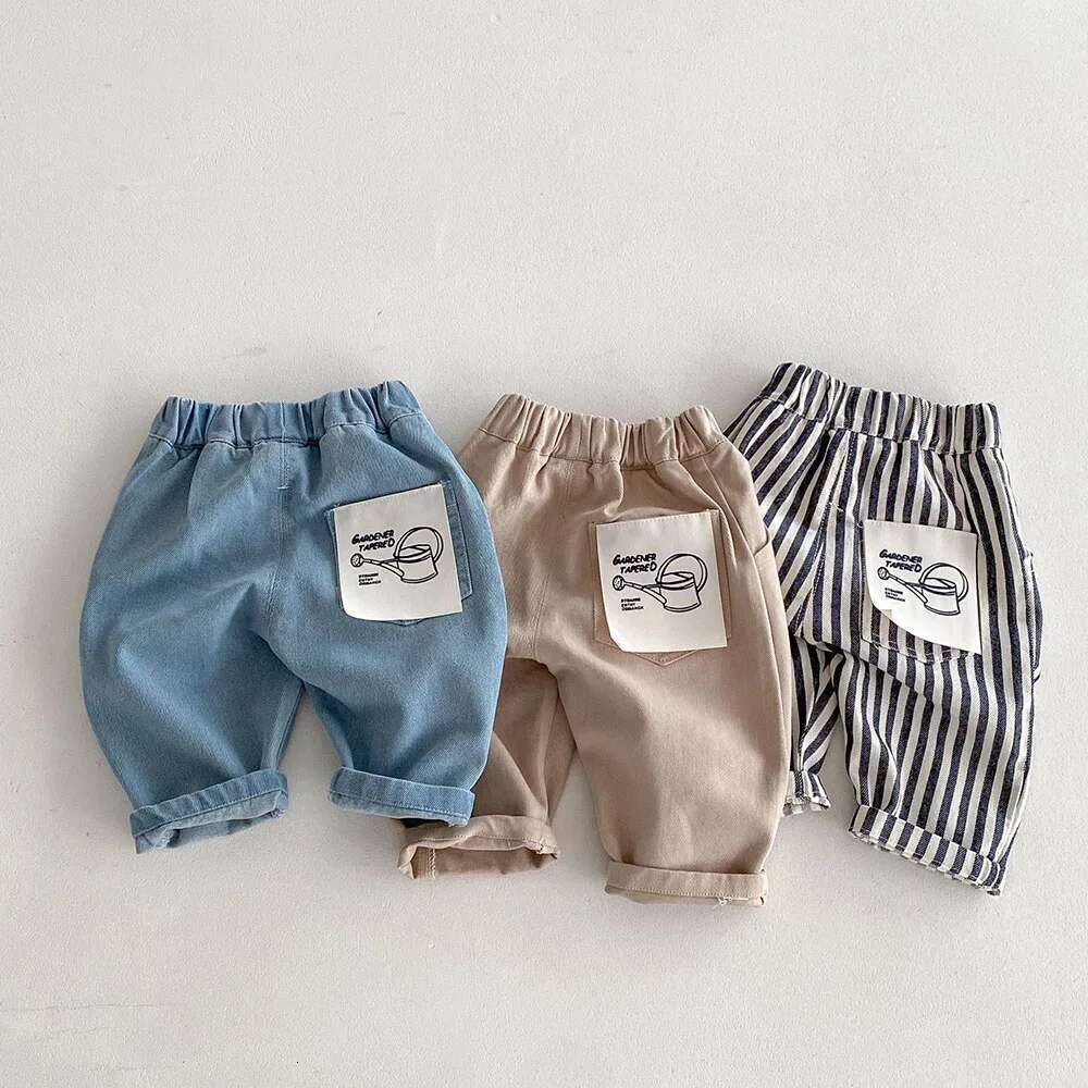 Ddmyshoesvip Jeans Stripe Denim Loose Straight Patchwork Pocket Boys Trousers Mid Waist Kids Outfit Pants
