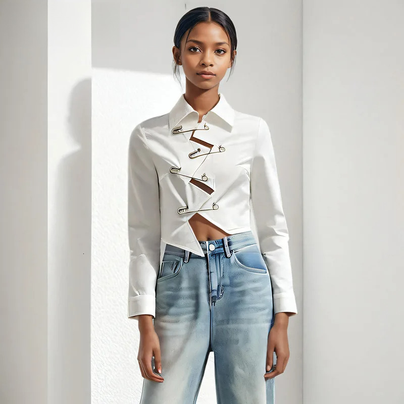 2025 Spring New Items Fashionable Personalized Pin Design Solid Color Shirts For Women Lapel Long Sleeve Blouse 11A01502