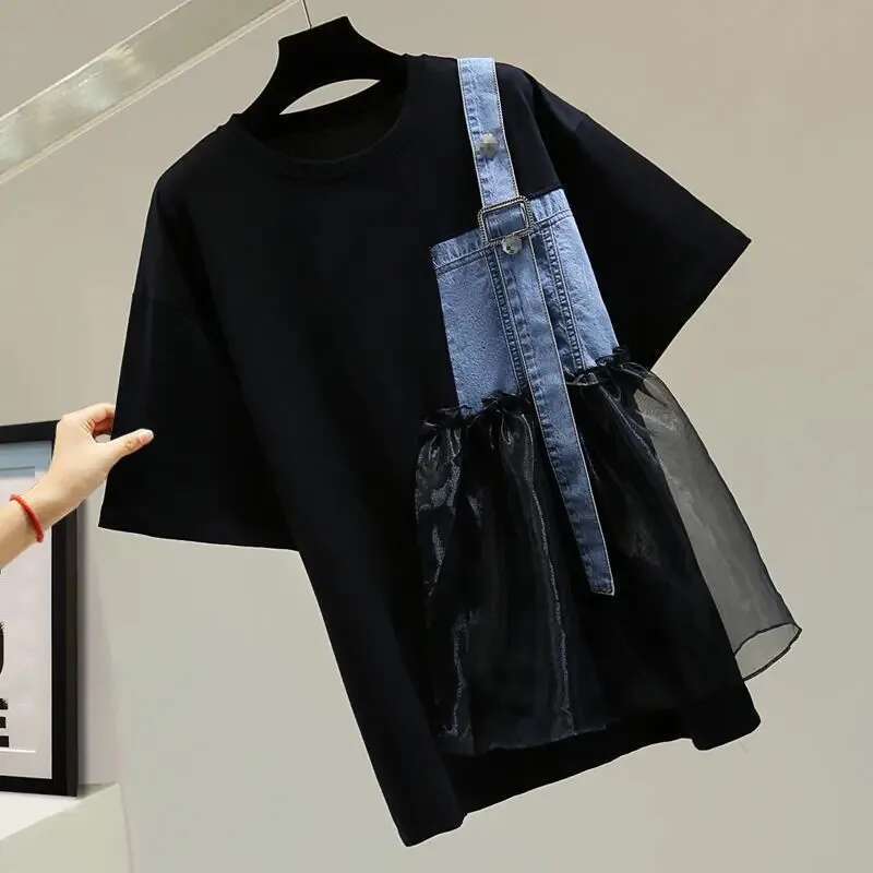 Spring Summer New Design Fashion Short Sleeve O-Neck T-Shirt Women's Denim Patchwork All-Match Black White Lades Tops
