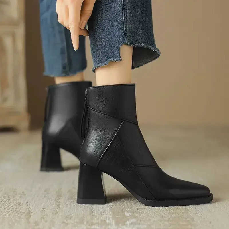 2025 New Boots Wen Shoes Chunky Ankle Goth Mid H Brand Winter Fion Pointed Toe Boots Motorcycle Botas Femme Z250304