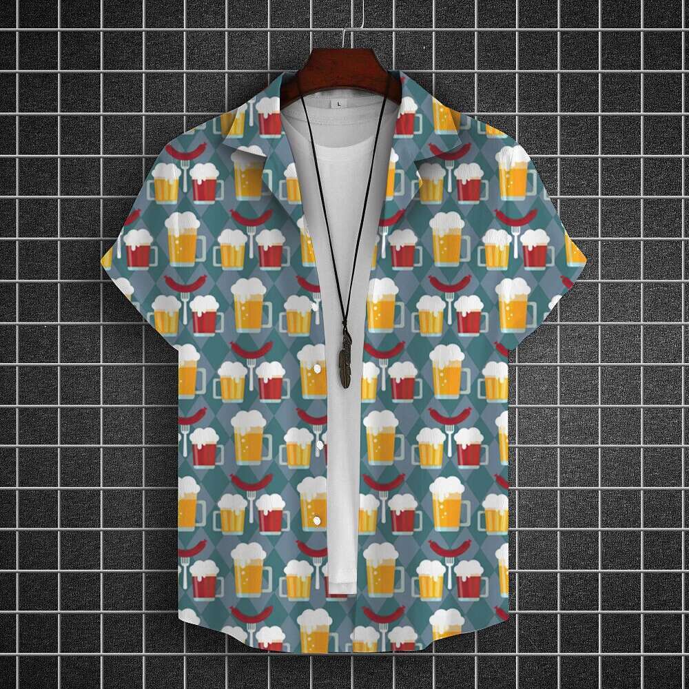 Summer New Men's Shirt 3D Printed Enhanced Beer Pattern Designer Fashion Button Short Sleeve Collar Street Wear Hawaiian Women's Shirt Beach