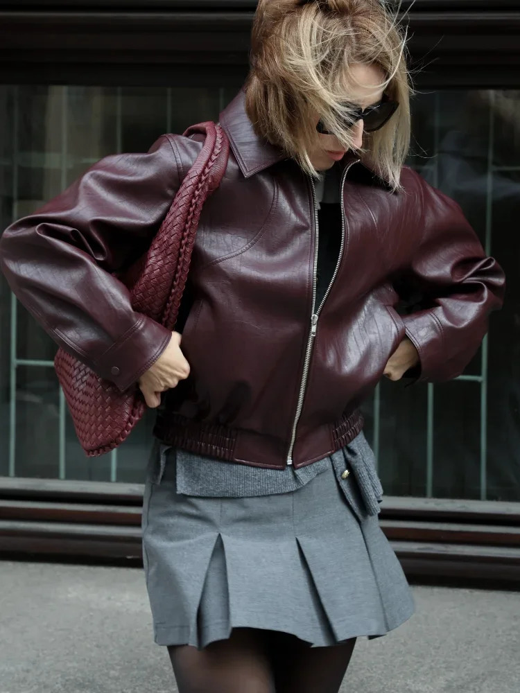 Vintage Wine Red Short Leather Jacket For Women Chic Slim Lapel Collar Long Sleeved Zipper Coat Autumn Lady High Streetwear 2025 250226